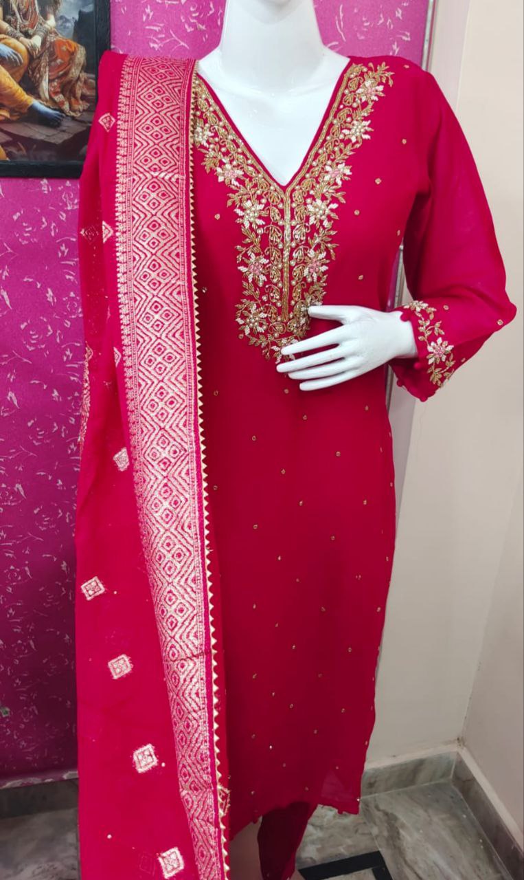 Pure Chinon Febric Handwork Readymade Suits